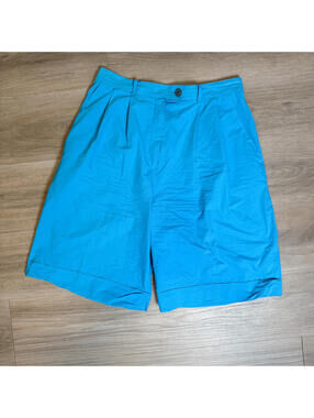 Vintage Blue High Waist Shorts Pleated Tailored Bermuda Shorts Small to Medium